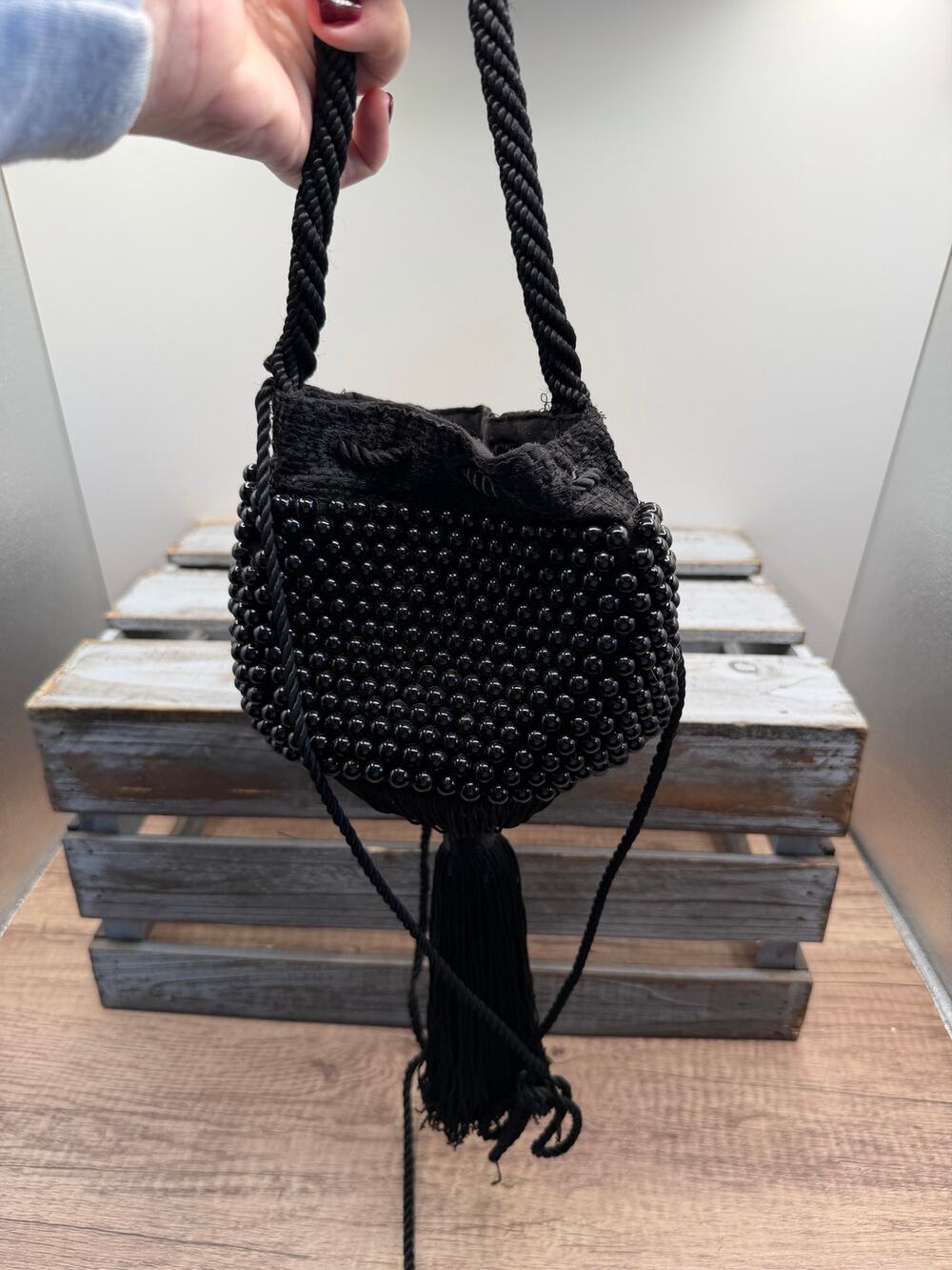NKG Black Beaded Drawstring Pouch/Evening Bagw/Tassel Rope Handle/Potli Bucket